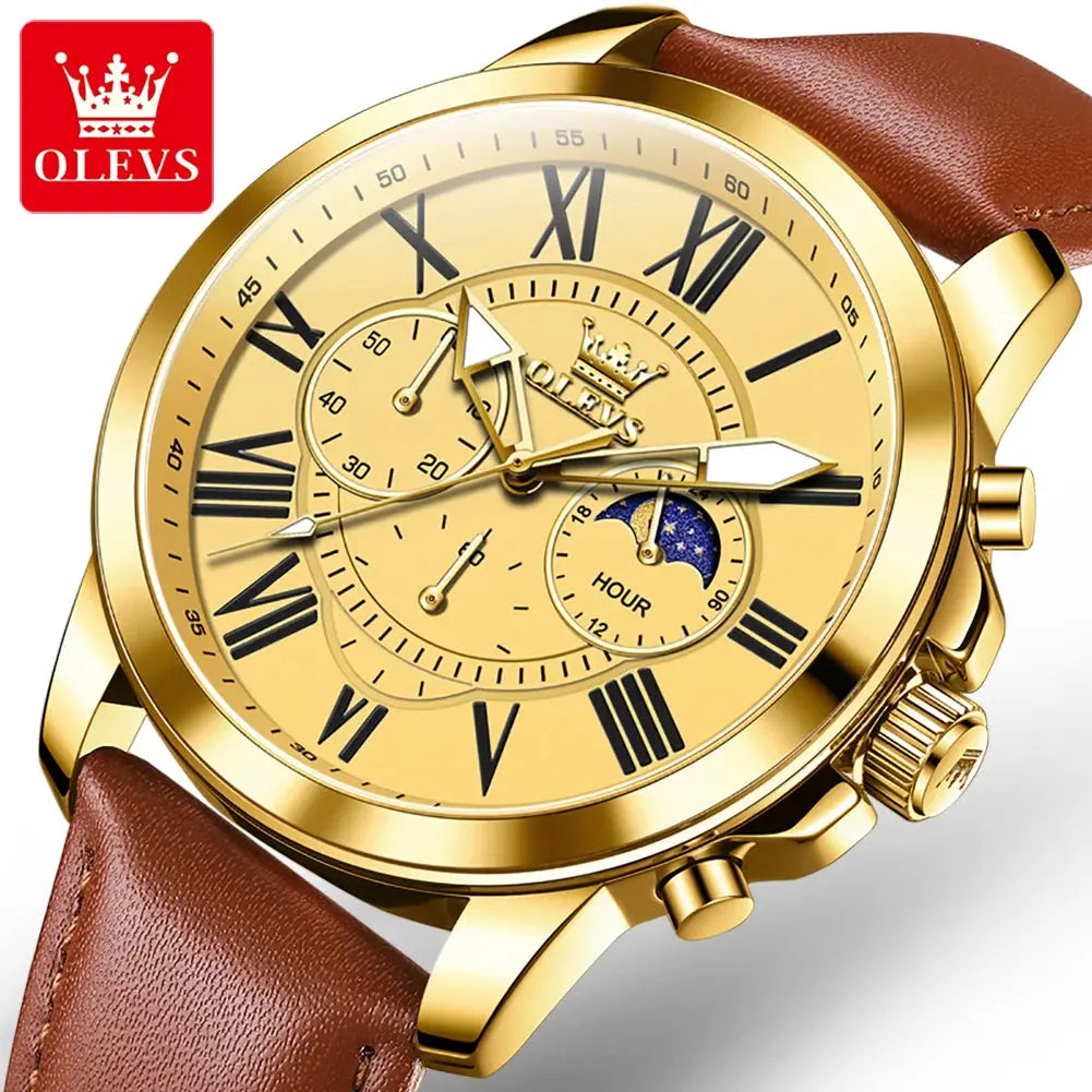 OLEVS 3632 Men Watch Elegant Luxury Sport Quartz Watch Scale Waterproof Luminous Automatic Date Moon Belt Watch Gifts Original luxecrown.co.uk