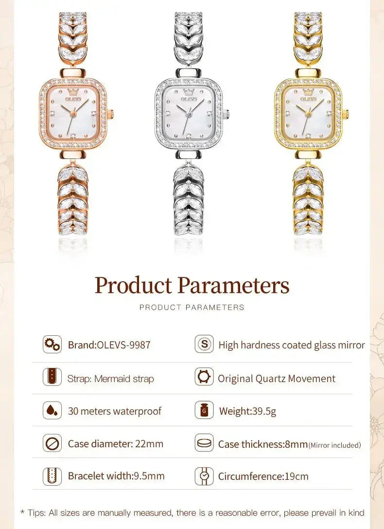 OLEVS 9987 Women's Watch Square Dial Waterproof Quartz Watch For Women Luxury Original Elegant Ladies Wristwatch Steel Strap luxecrown.co.uk