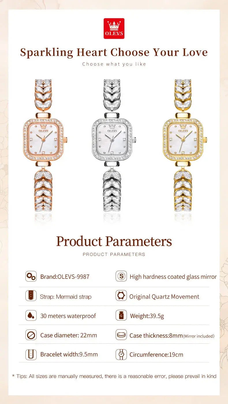 OLEVS 9987 Women's Watch Square Dial Waterproof Quartz Watch For Women Luxury Original Elegant Ladies Wristwatch Steel Strap luxecrown.co.uk