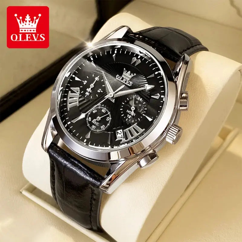 OLEVS casual fashion men's watches Moon Phase Chronograph waterproof man wristwatch Leather strap trend genuine watch for man luxecrown.co.uk