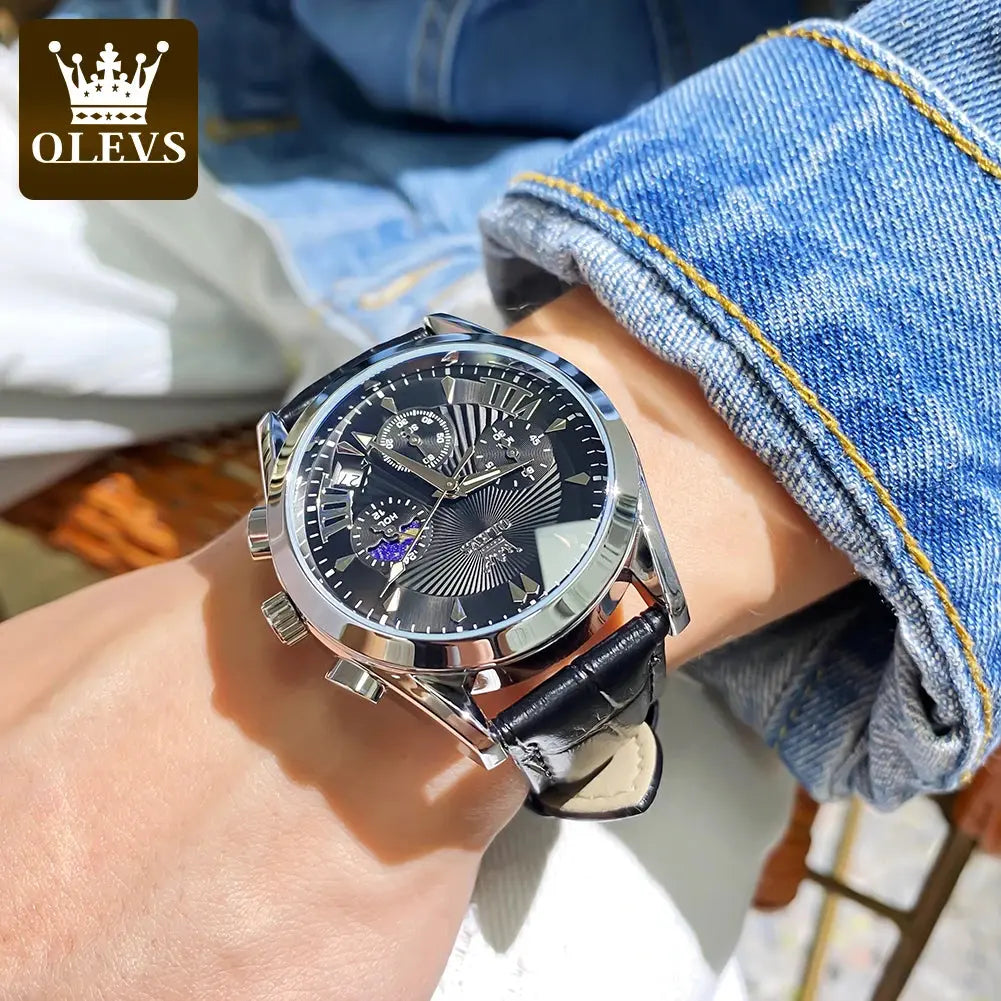 OLEVS casual fashion men's watches Moon Phase Chronograph waterproof man wristwatch Leather strap trend genuine watch for man luxecrown.co.uk