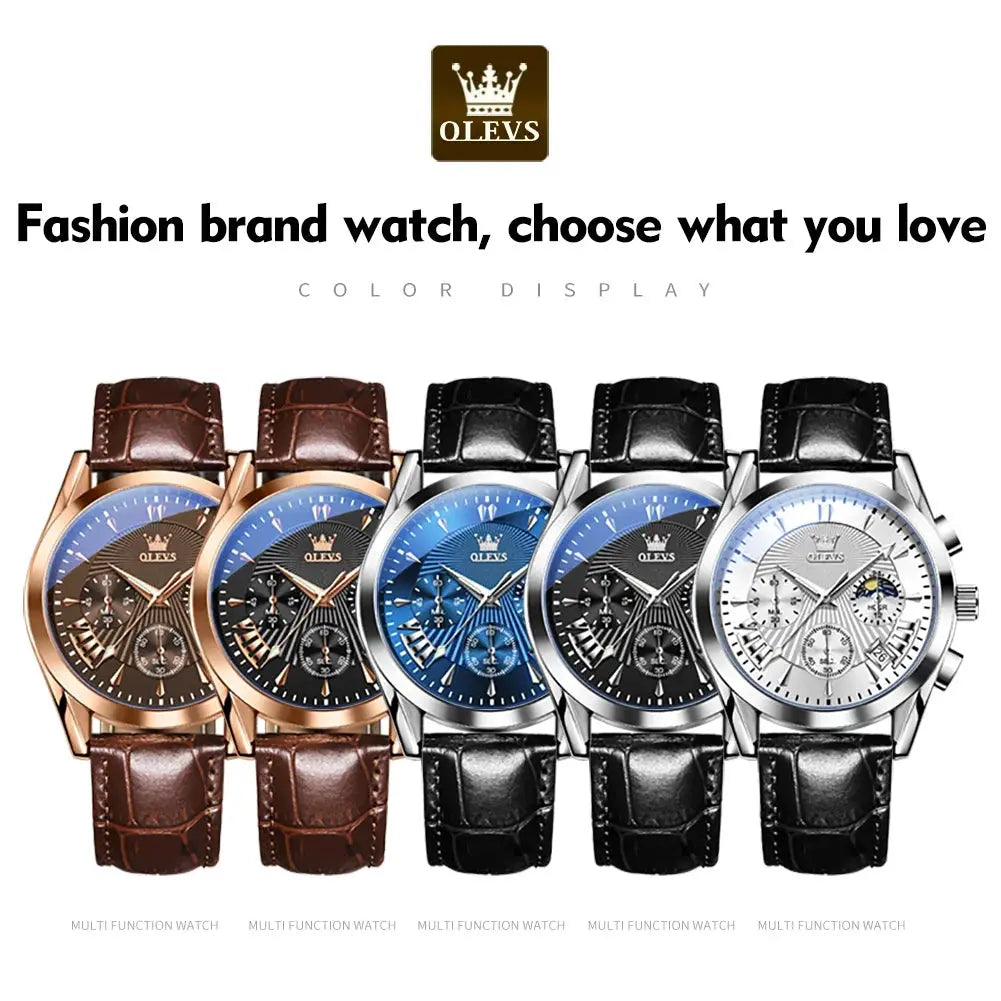 OLEVS casual fashion men's watches Moon Phase Chronograph waterproof man wristwatch Leather strap trend genuine watch for man luxecrown.co.uk