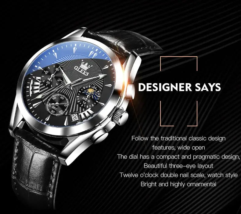 OLEVS casual fashion men's watches Moon Phase Chronograph waterproof man wristwatch Leather strap trend genuine watch for man luxecrown.co.uk