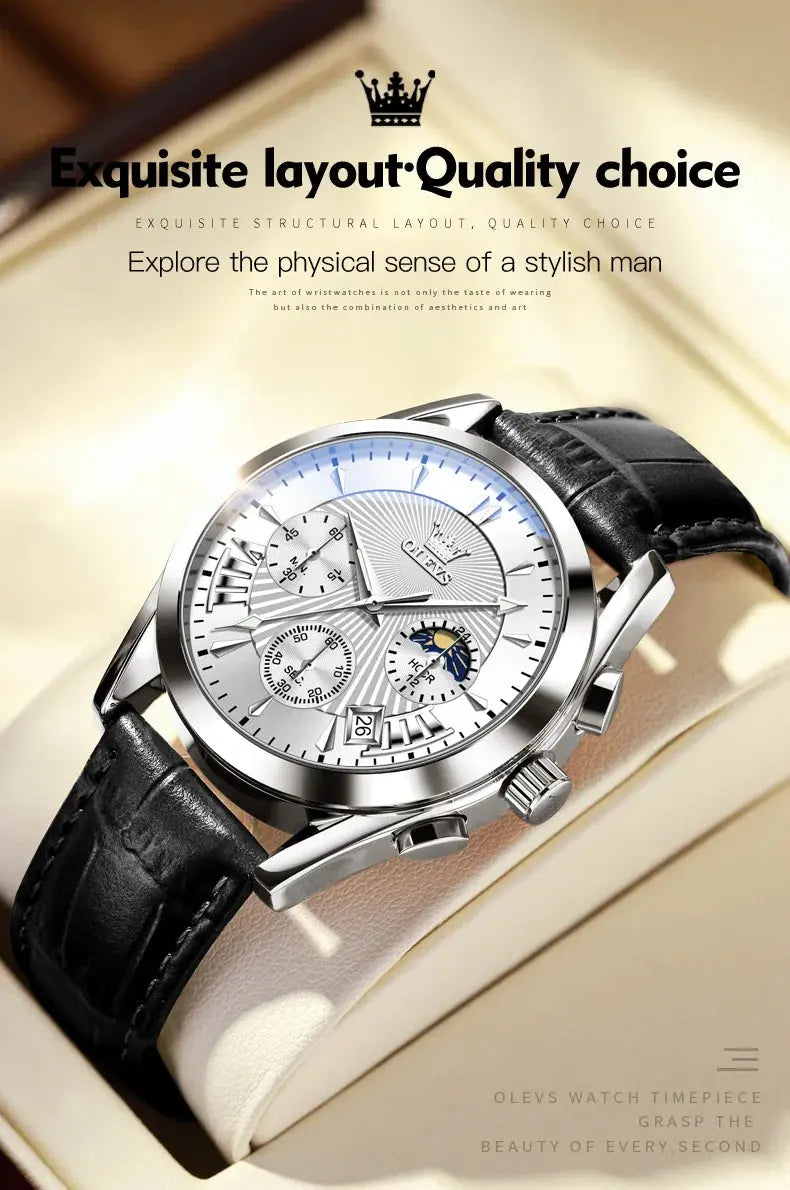 OLEVS casual fashion men's watches Moon Phase Chronograph waterproof man wristwatch Leather strap trend genuine watch for man luxecrown.co.uk