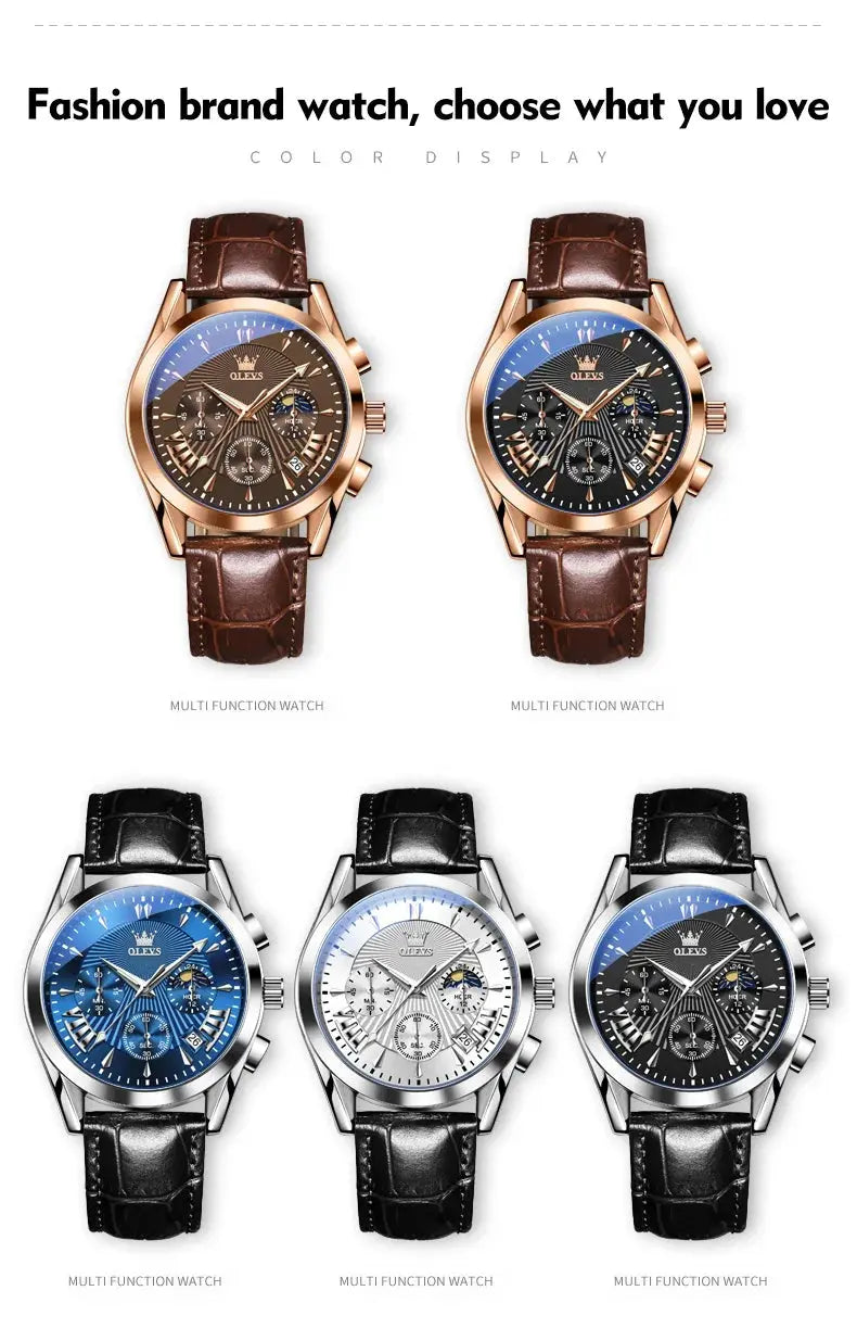 OLEVS casual fashion men's watches Moon Phase Chronograph waterproof man wristwatch Leather strap trend genuine watch for man luxecrown.co.uk