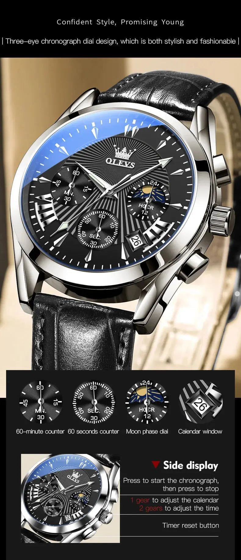 OLEVS casual fashion men's watches Moon Phase Chronograph waterproof man wristwatch Leather strap trend genuine watch for man luxecrown.co.uk