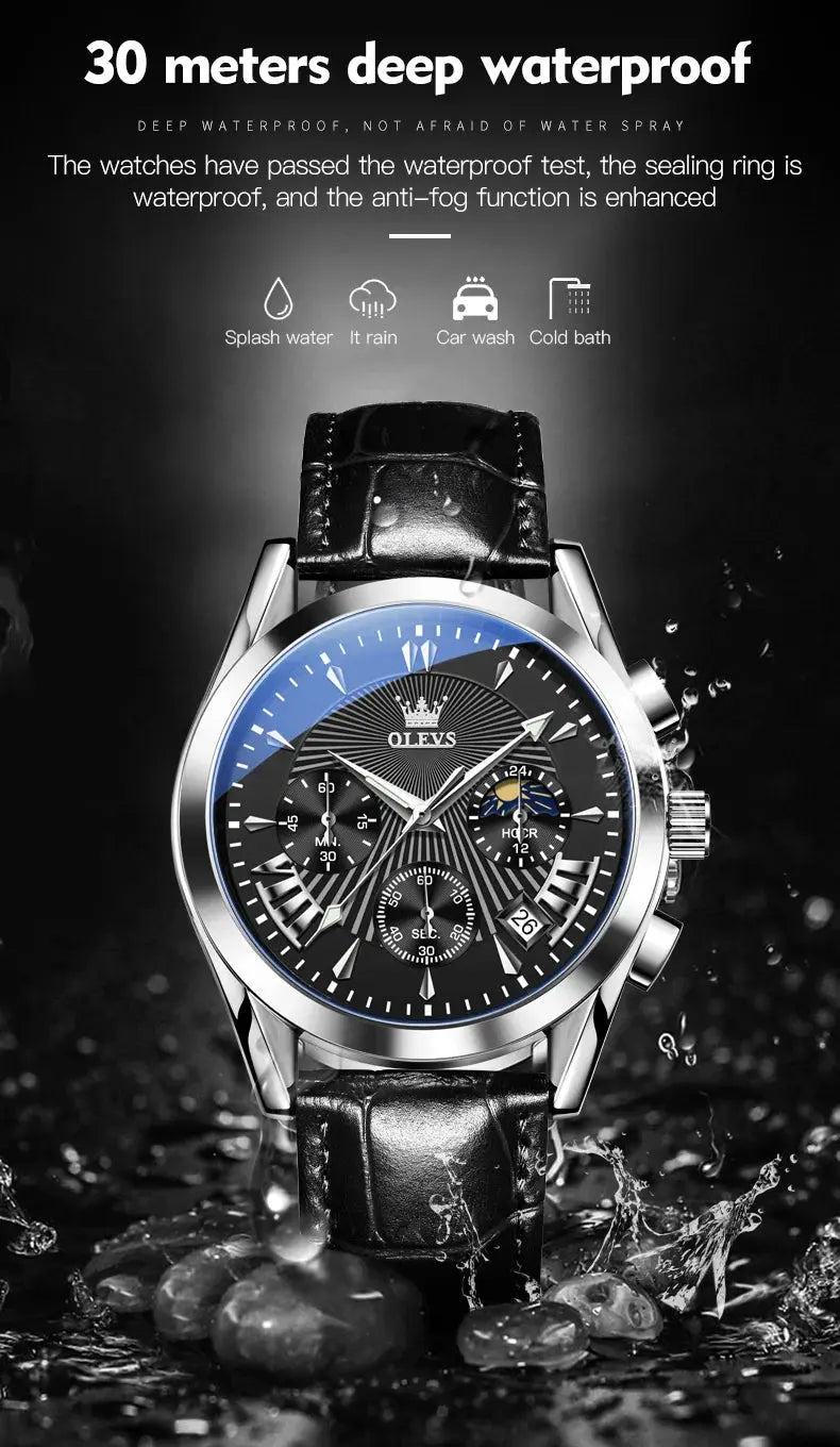 OLEVS casual fashion men's watches Moon Phase Chronograph waterproof man wristwatch Leather strap trend genuine watch for man luxecrown.co.uk