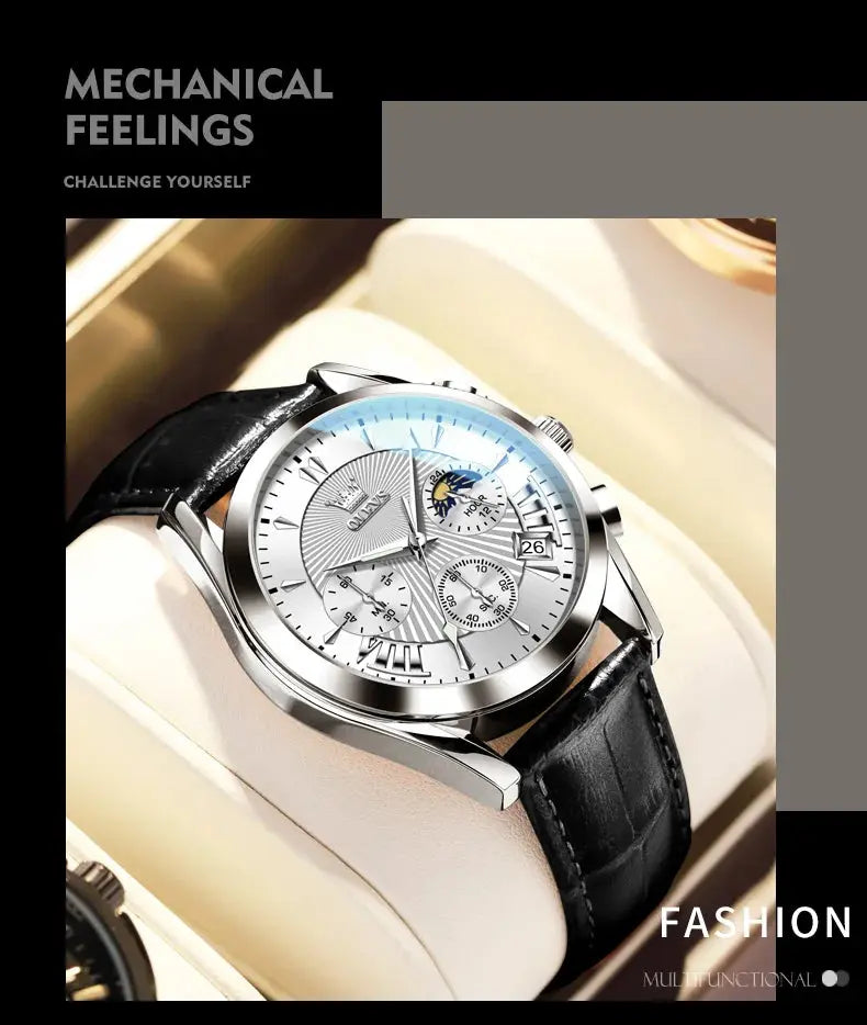 OLEVS casual fashion men's watches Moon Phase Chronograph waterproof man wristwatch Leather strap trend genuine watch for man luxecrown.co.uk