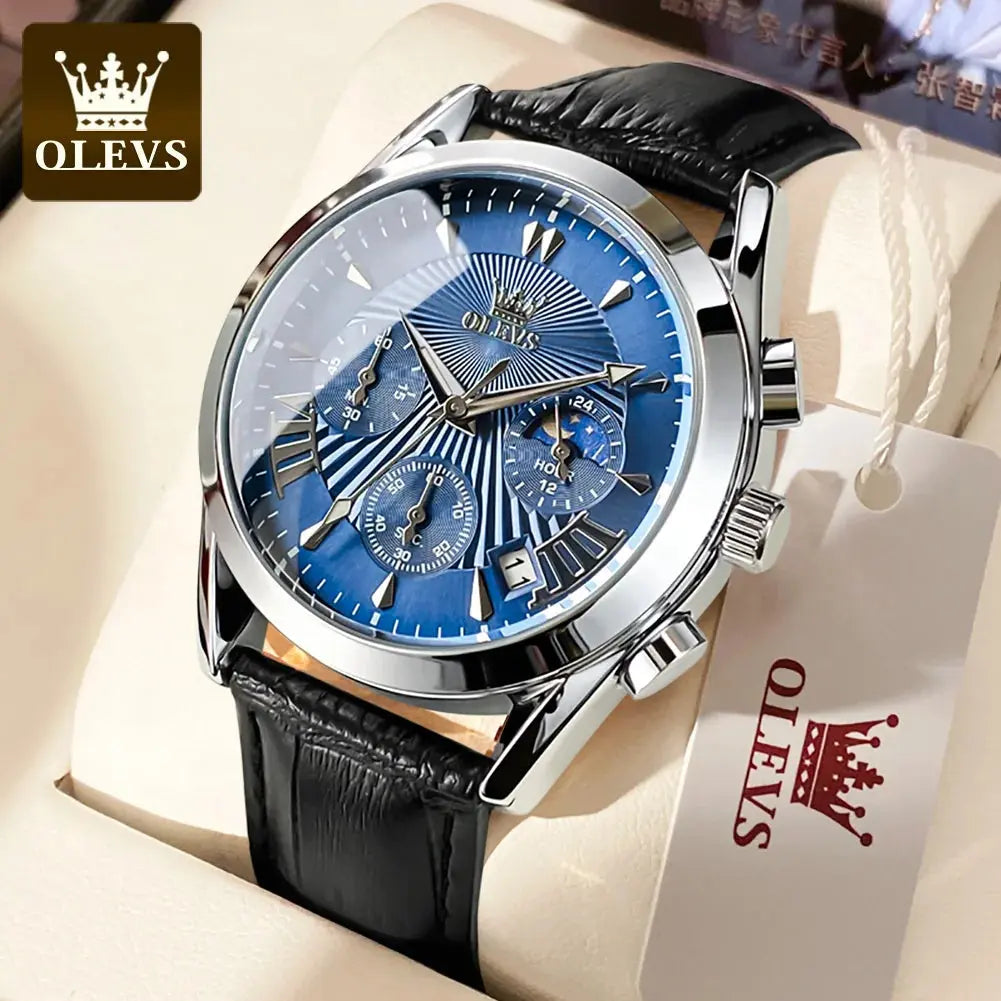 OLEVS casual fashion men's watches Moon Phase Chronograph waterproof man wristwatch Leather strap trend genuine watch for man luxecrown.co.uk