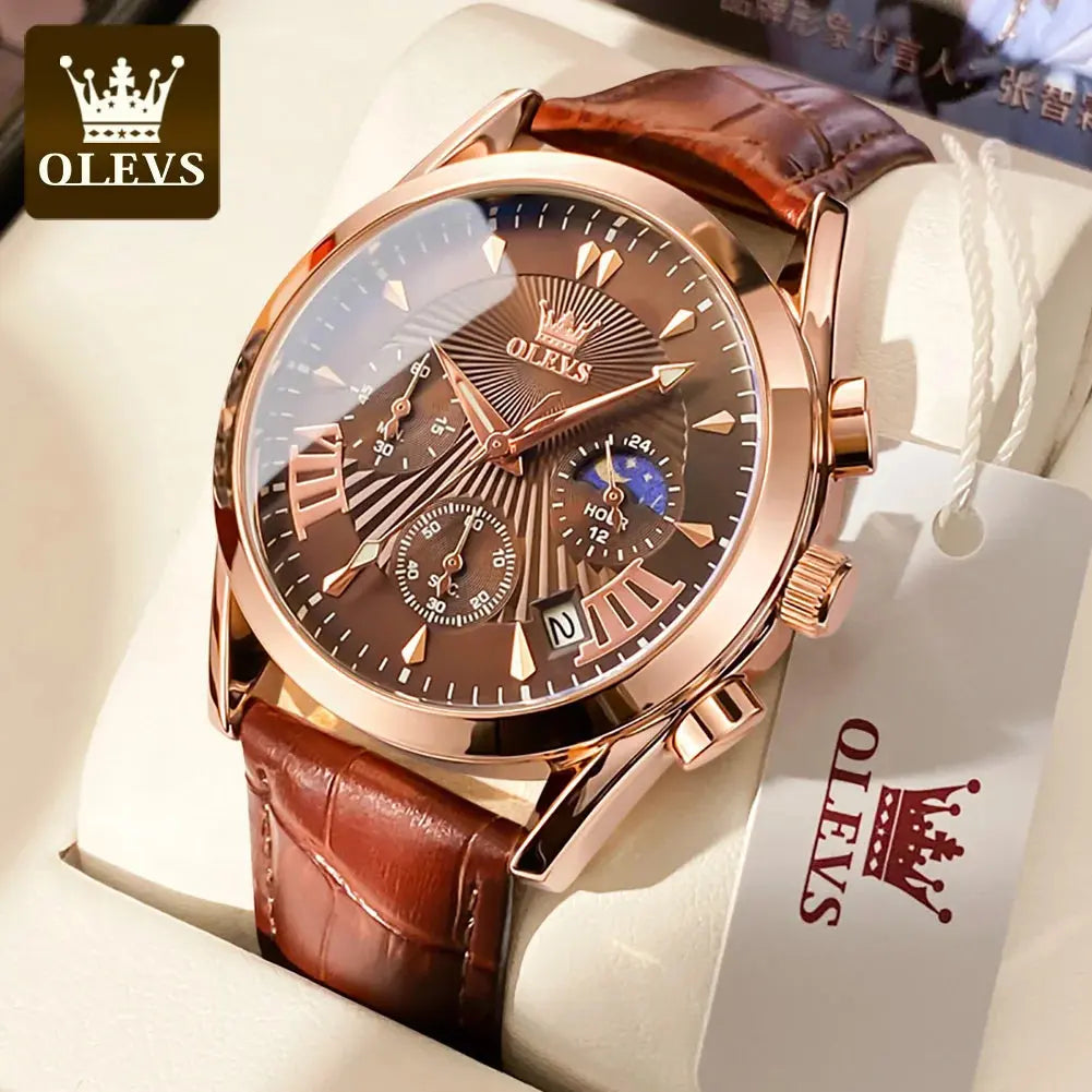 OLEVS casual fashion men's watches Moon Phase Chronograph waterproof man wristwatch Leather strap trend genuine watch for man luxecrown.co.uk