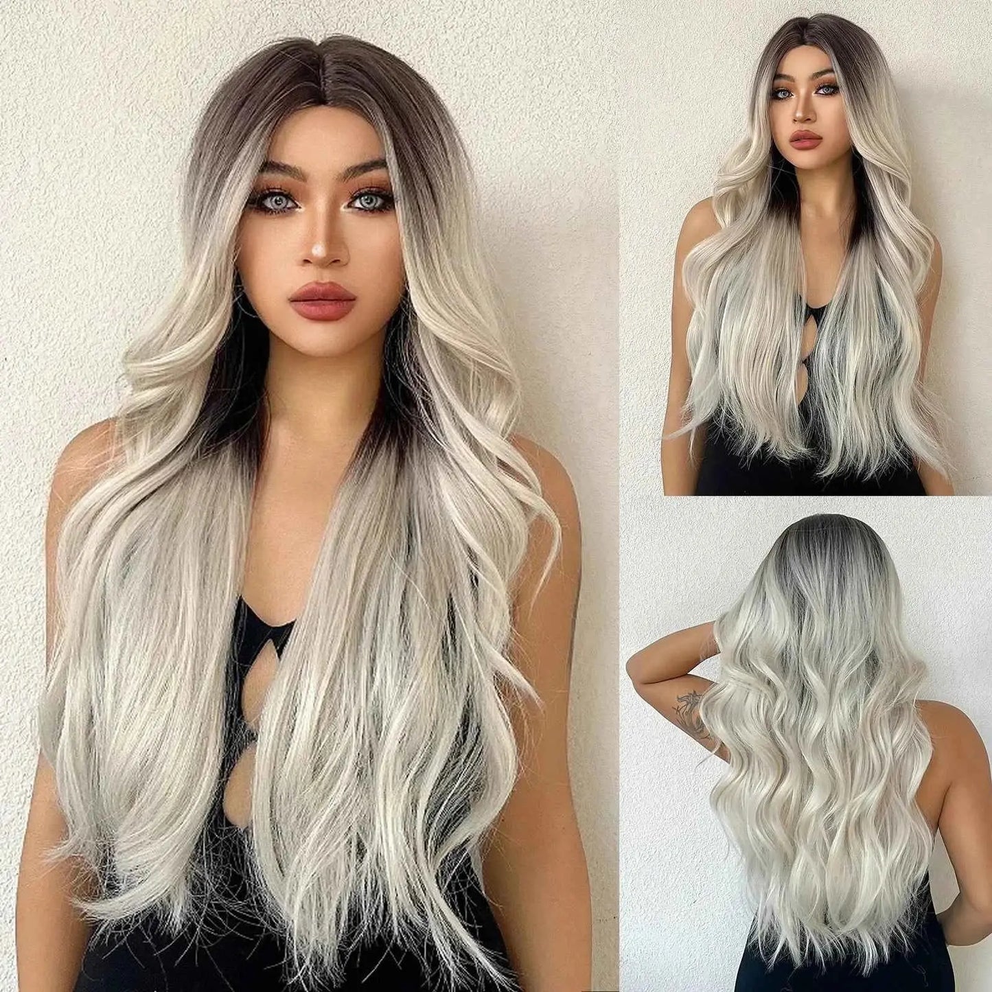 Ombre Natural Brown Synthetic Wig Women Long Wavy Curly Wig Middle Part Heat Resistant High Quality False Hair Daily Use Parties