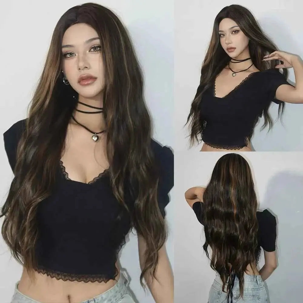 Ombre Natural Brown Synthetic Wig Women Long Wavy Curly Wig Middle Part Heat Resistant High Quality False Hair Daily Use Parties