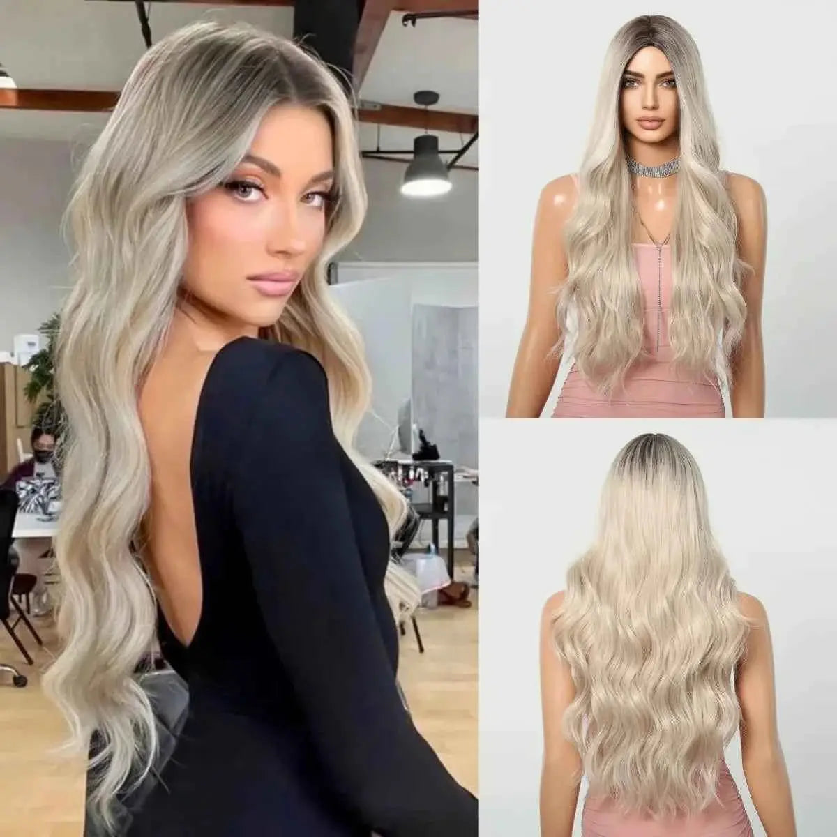 Ombre Natural Brown Synthetic Wig Women Long Wavy Curly Wig Middle Part Heat Resistant High Quality False Hair Daily Use Parties