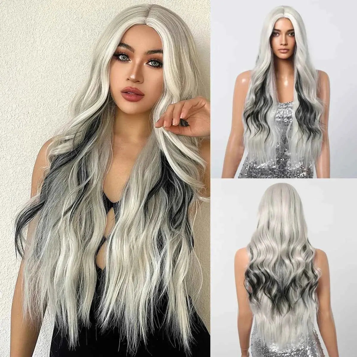Ombre Natural Brown Synthetic Wig Women Long Wavy Curly Wig Middle Part Heat Resistant High Quality False Hair Daily Use Parties