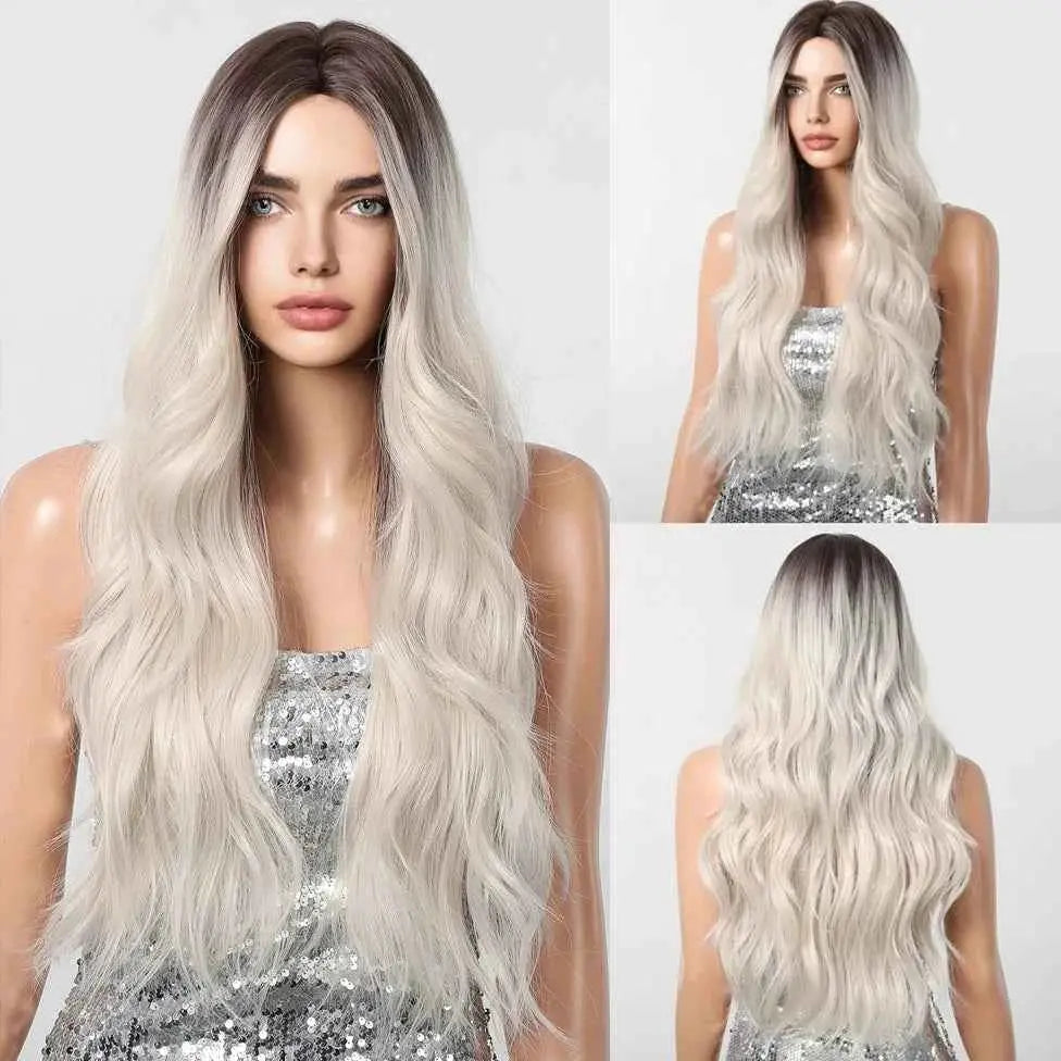 Ombre Natural Brown Synthetic Wig Women Long Wavy Curly Wig Middle Part Heat Resistant High Quality False Hair Daily Use Parties