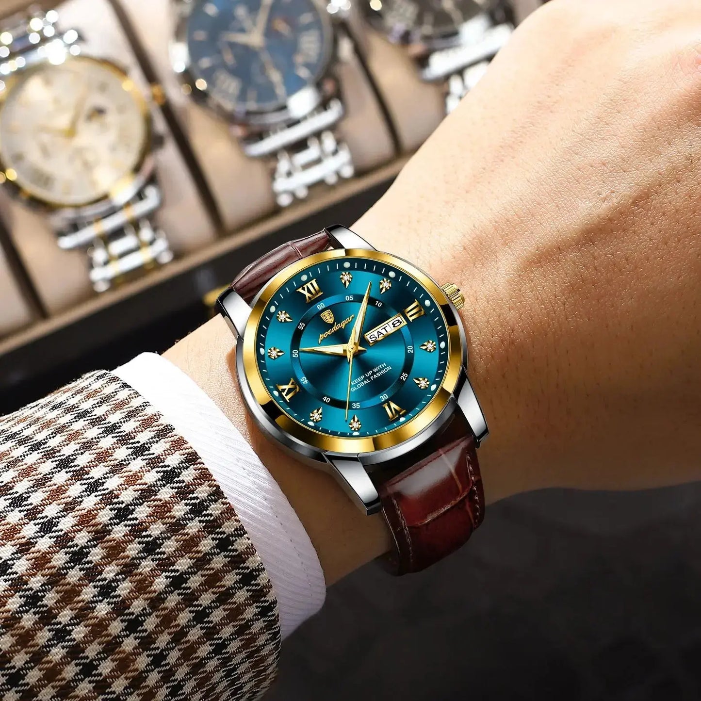 POEDAGAR Luxury Business Male Wristwatch Waterproof Luminous Leather Man Watch Date Week Sport Casual Men's Quartz Watches reloj luxecrown.co.uk