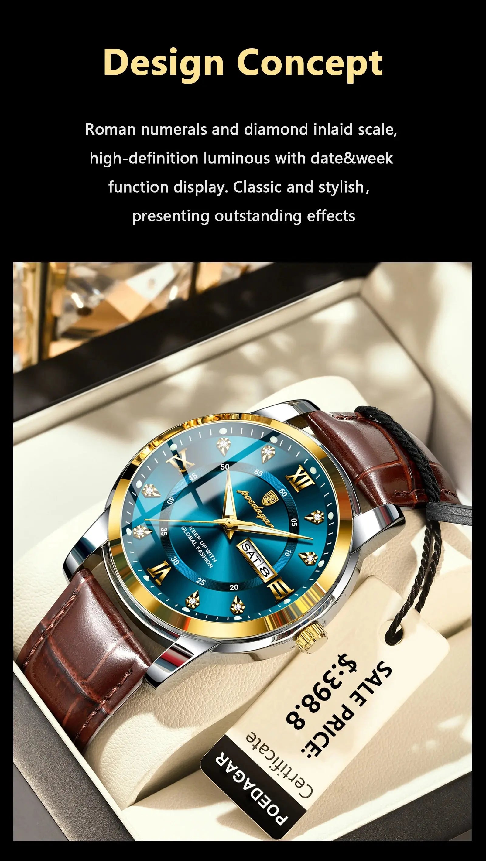 POEDAGAR Luxury Business Male Wristwatch Waterproof Luminous Leather Man Watch Date Week Sport Casual Men's Quartz Watches reloj luxecrown.co.uk