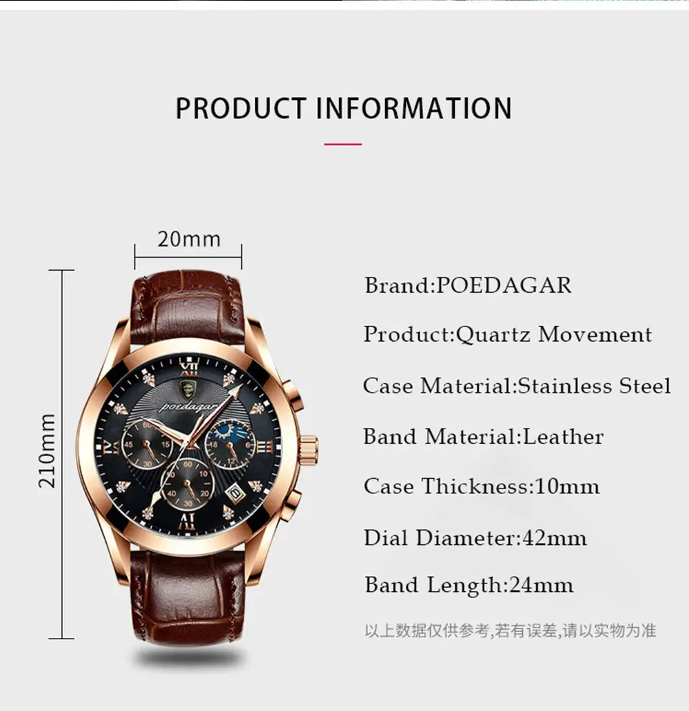 POEDAGAR Men Watch New Top Brand Luxury Waterproof Luminous Sport Wristwatch Quartz Military Genuine Leather Relogio Masculino luxecrown.co.uk
