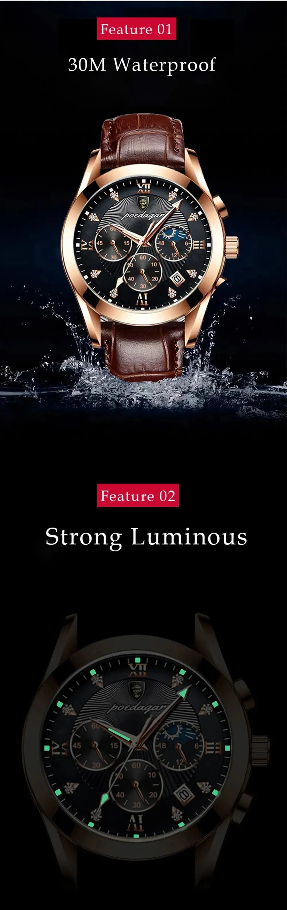 POEDAGAR Men Watch New Top Brand Luxury Waterproof Luminous Sport Wristwatch Quartz Military Genuine Leather Relogio Masculino luxecrown.co.uk