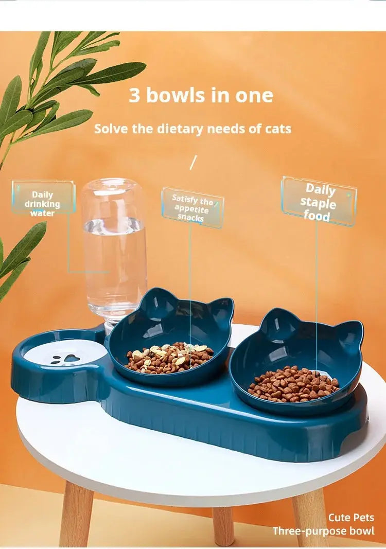 Pet Bowls With Water Feeder, 3 In 1 Ear Design Tilted Cat Water And Food Bowl Set With Gravity Water Bottle For Neck Protection luxecrown.co.uk