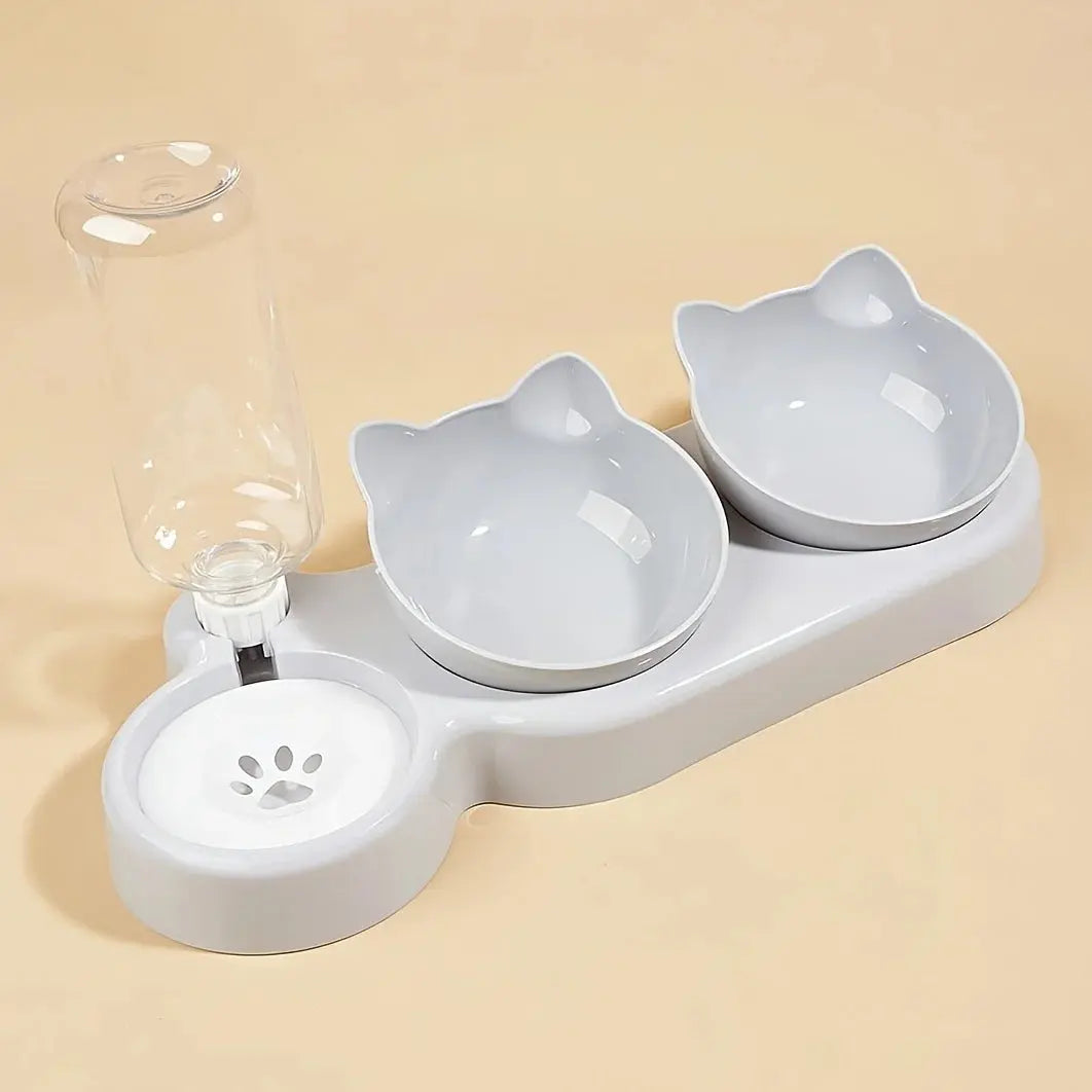 Pet Bowls With Water Feeder, 3 In 1 Ear Design Tilted Cat Water And Food Bowl Set With Gravity Water Bottle For Neck Protection luxecrown.co.uk