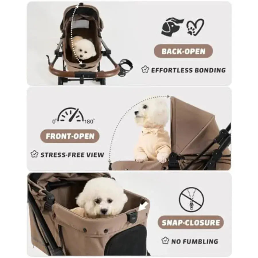 Pet stroller for small medium dogs and cats up to 121 lbs, polyester fabric, brown, foldable with one-click mechanism and 4-whe luxecrown.co.uk