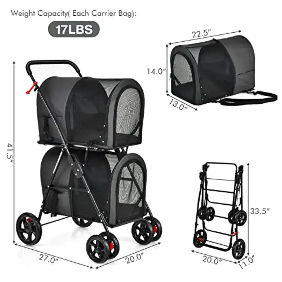 Pet stroller for travel and strolling; polyester fabric; black; double detachable carrier bags, safety belt, 4 lockable wheels, luxecrown.co.uk