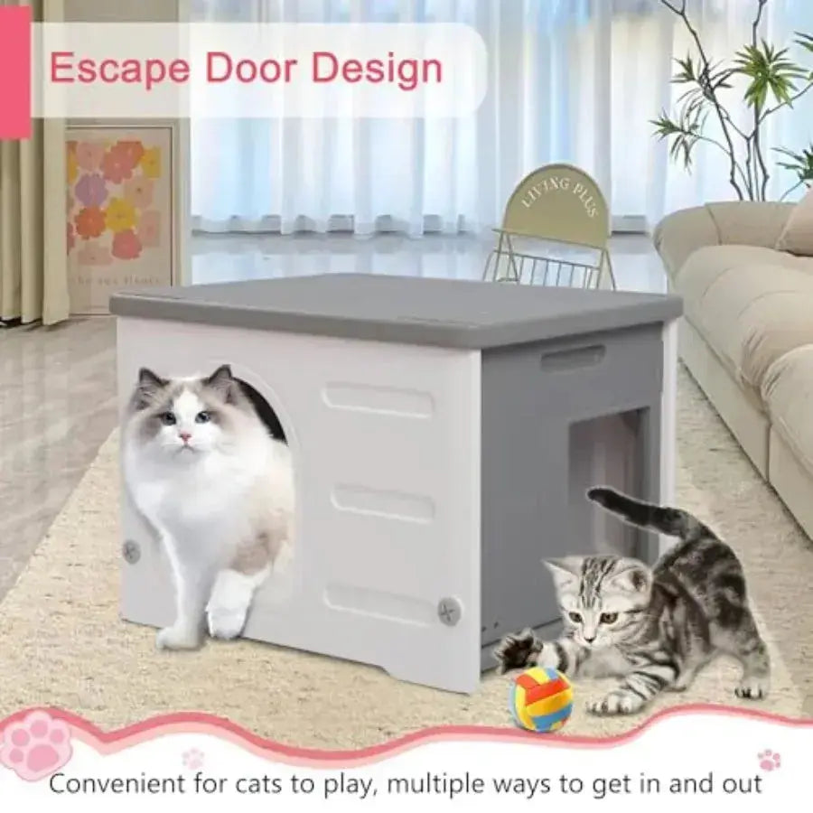 Plastic Cat House Outdoor and Indoor, Waterproof Feral Cat Houses with Escape Door, Sturdy Outdoor Cat House with Bed Mat, Outs luxecrown.co.uk
