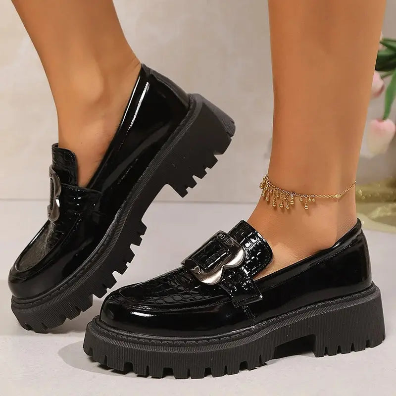 Plus Size Platform Loafers Shoes for Women 2025 Fashion Metal Buckle Pu Leather Shoes Woman Spring Autumn Slip On Flats Female luxecrown.co.uk