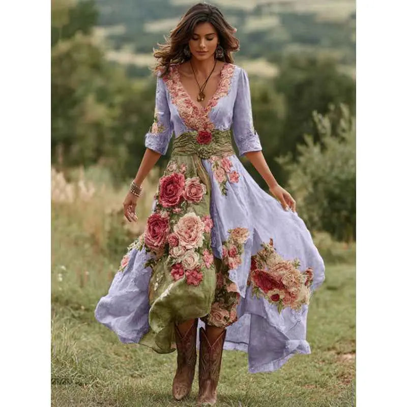 Polyester 3D Printed Plant Flower Retro Elegant V-Neck Long Skirt Women's Clothing