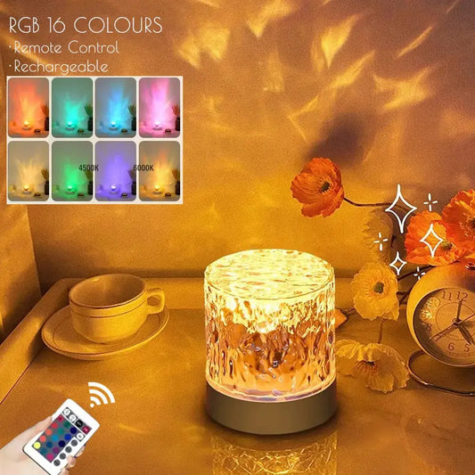 Rechargeable 16 Color LED Water Ripple Projector Night Light Remote Control Bedroom Ambient Lamp RGB Dimmable Crystal Table Lamp luxecrown.co.uk