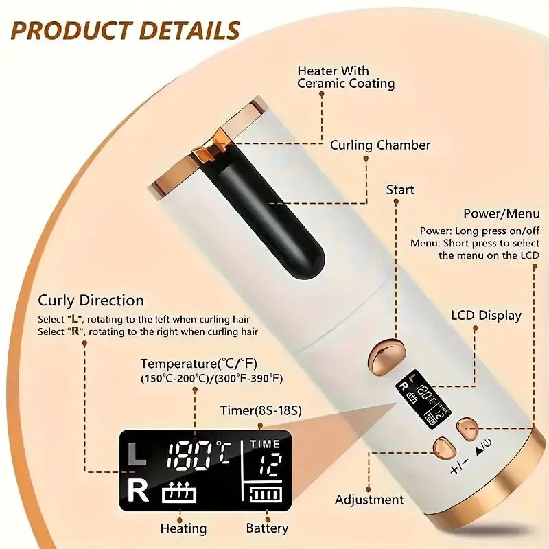 Rechargeable Cordless Automatic Hair Curler - Adjustable Temperature & Timer, Portable Wireless Styling Tool with Easy Curl Direction Control, Perfect Mother's Day Gift or Gifts for Women, Stylish Hair Accessories for Salon-Q DT Streetsharks