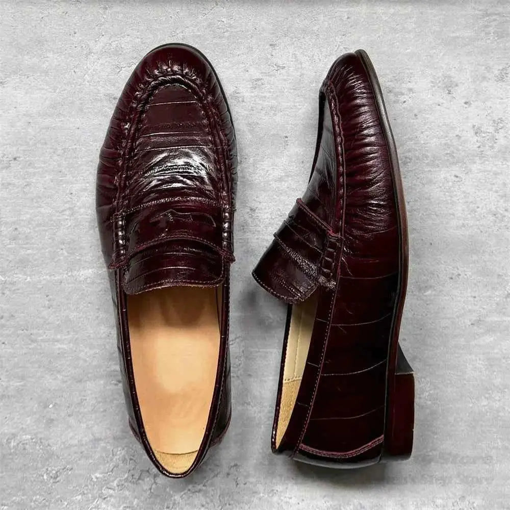 Retro Loafers for Men Lazy Eel Casual Leather Shoes Pleated Single Shoes Dark Browm Slip On Elegant Slip On Bean Shoes