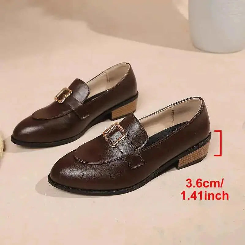 Retro Metal Buckle Thick Heel Loafers Women Summer 2026 Classic Black Brown Pu Leather Loafer Elegant Dress Shoes for Women