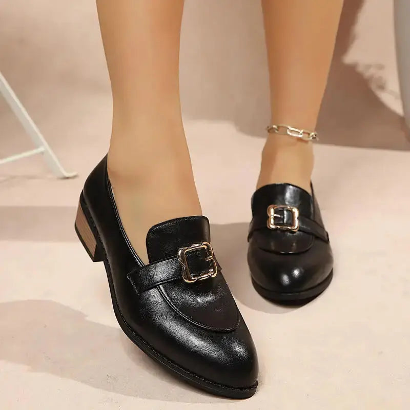Retro Metal Buckle Thick Heel Loafers Women Summer 2026 Classic Black Brown Pu Leather Loafer Elegant Dress Shoes for Women luxecrown.co.uk
