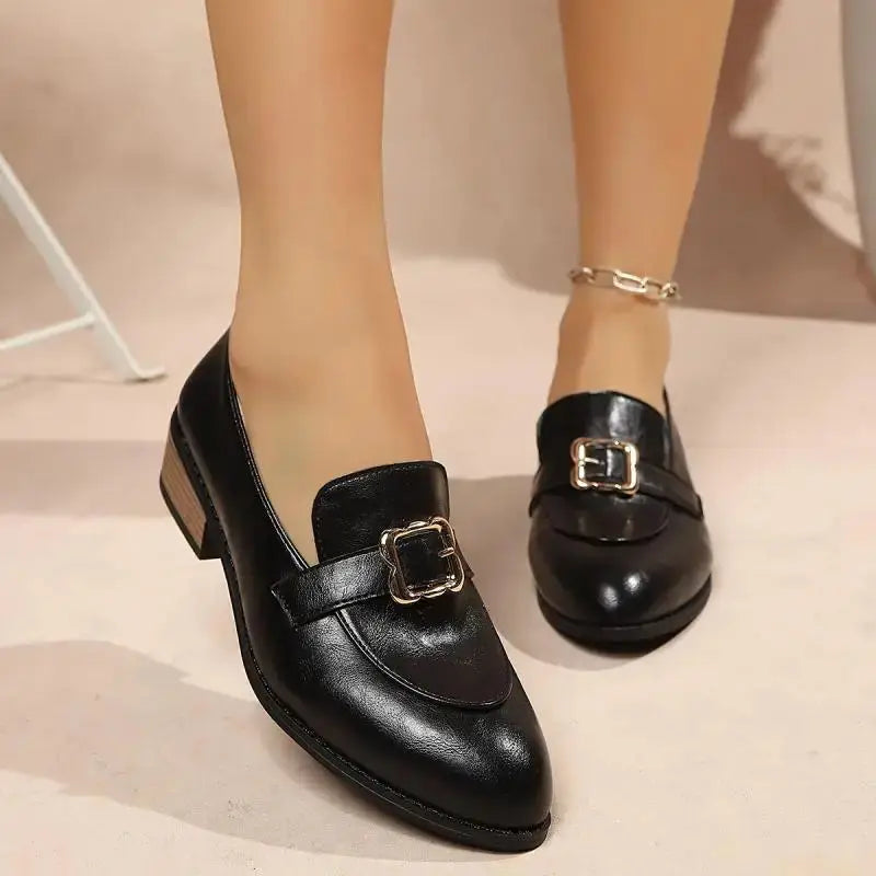 Retro Metal Buckle Thick Heel Loafers Women Summer 2026 Classic Black Brown Pu Leather Loafer Elegant Dress Shoes for Women luxecrown.co.uk