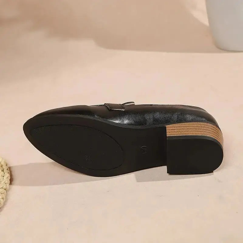 Retro Metal Buckle Thick Heel Loafers Women Summer 2026 Classic Black Brown Pu Leather Loafer Elegant Dress Shoes for Women luxecrown.co.uk