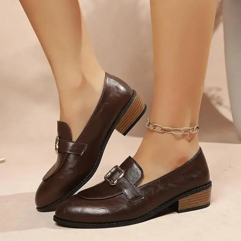 Retro Metal Buckle Thick Heel Loafers Women Summer 2026 Classic Black Brown Pu Leather Loafer Elegant Dress Shoes for Women luxecrown.co.uk