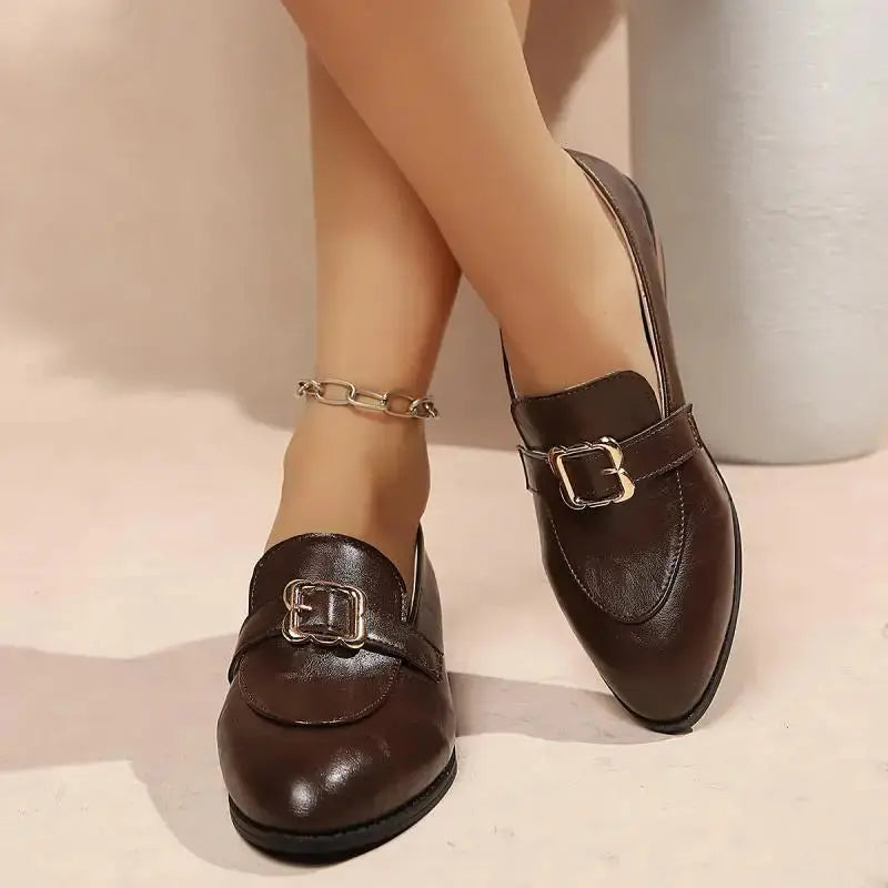 Retro Metal Buckle Thick Heel Loafers Women Summer 2026 Classic Black Brown Pu Leather Loafer Elegant Dress Shoes for Women luxecrown.co.uk