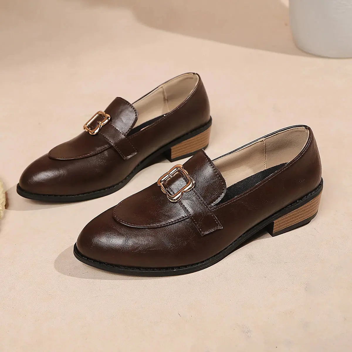 Retro Metal Buckle Thick Heel Loafers Women Summer 2026 Classic Black Brown Pu Leather Loafer Elegant Dress Shoes for Women luxecrown.co.uk