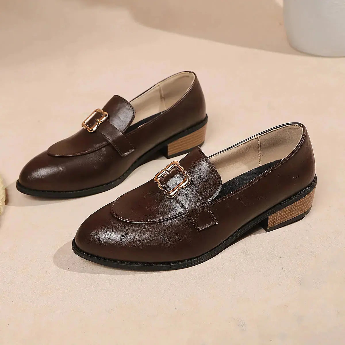 Retro Metal Buckle Thick Heel Loafers Women Summer 2026 Classic Black Brown Pu Leather Loafer Elegant Dress Shoes for Women luxecrown.co.uk