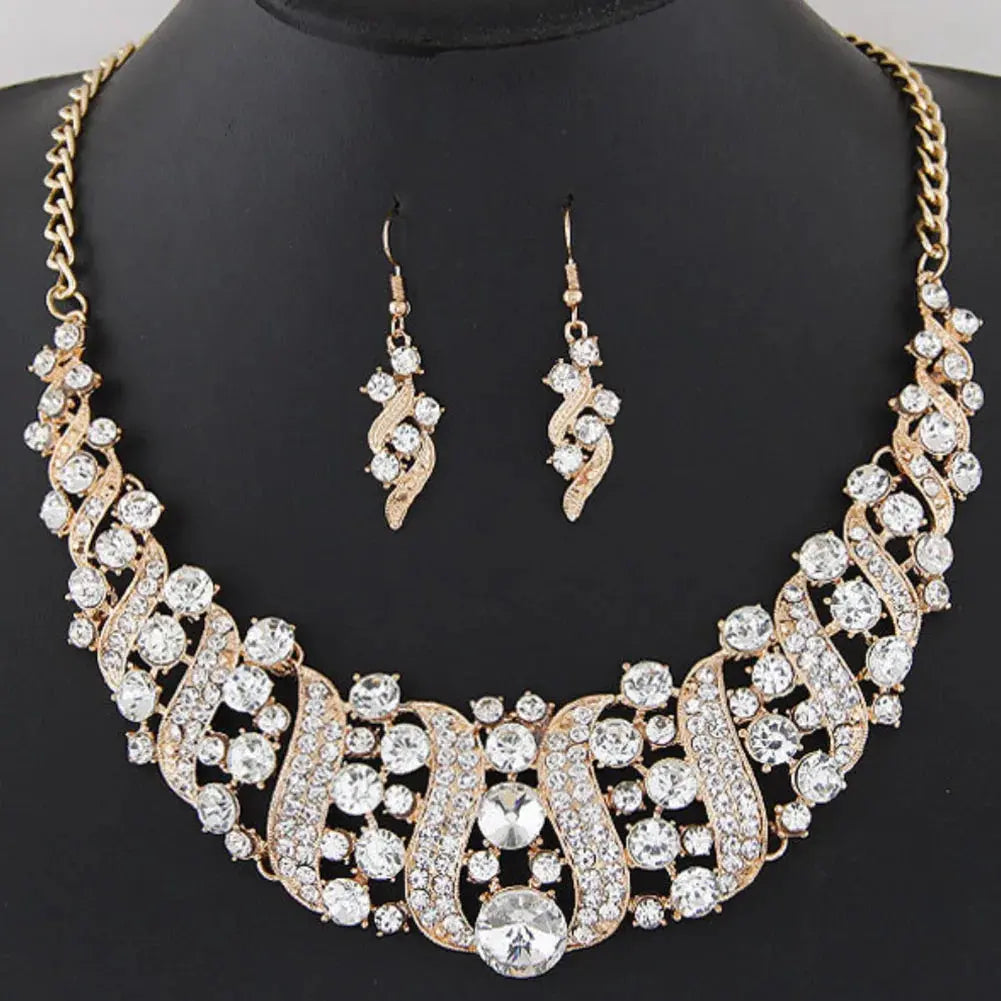 Rhinestone Inlaid Chain Necklace Hook Earrings Bridal Wedding Party Jewelry Set Chain Necklace Hook Earrings Bridal Jewelry Set Streetsharks