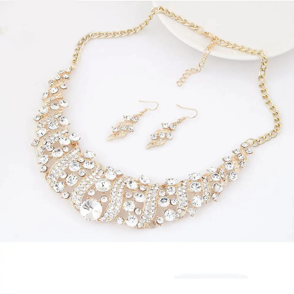 Rhinestone Inlaid Chain Necklace Hook Earrings Bridal Wedding Party Jewelry Set Chain Necklace Hook Earrings Bridal Jewelry Set Streetsharks