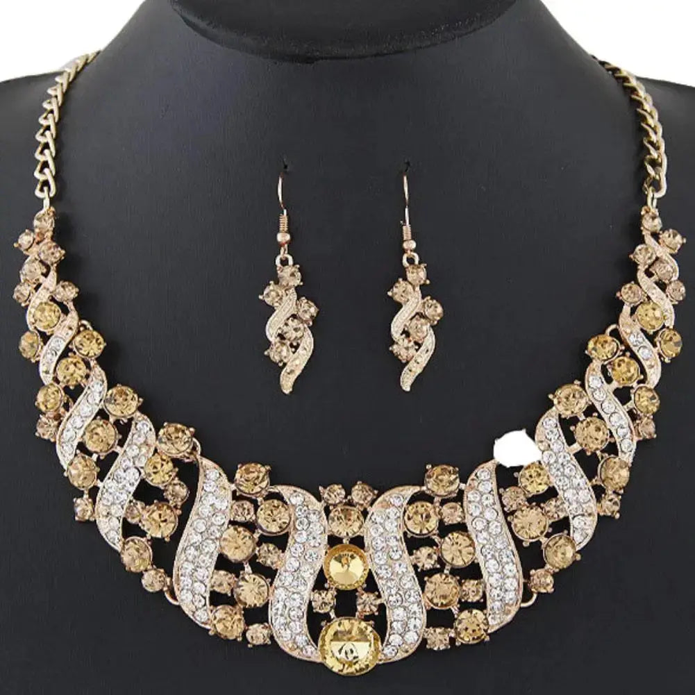Rhinestone Inlaid Chain Necklace Hook Earrings Bridal Wedding Party Jewelry Set Chain Necklace Hook Earrings Bridal Jewelry Set Streetsharks