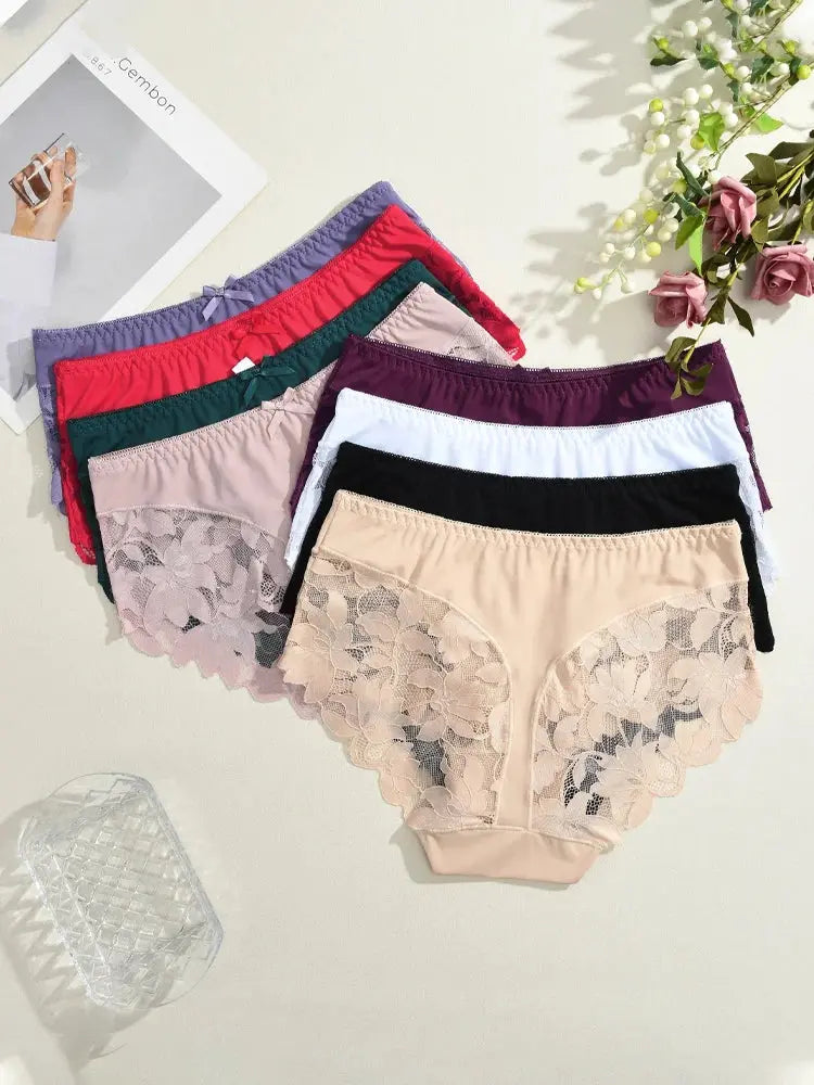 S-XXL Women Lace Panties Patchwork Seamless Underwear Sexy Luxury Hollow Out Solid Briefs Girls' Mid Rise Breathable Lingerie luxecrown.co.uk