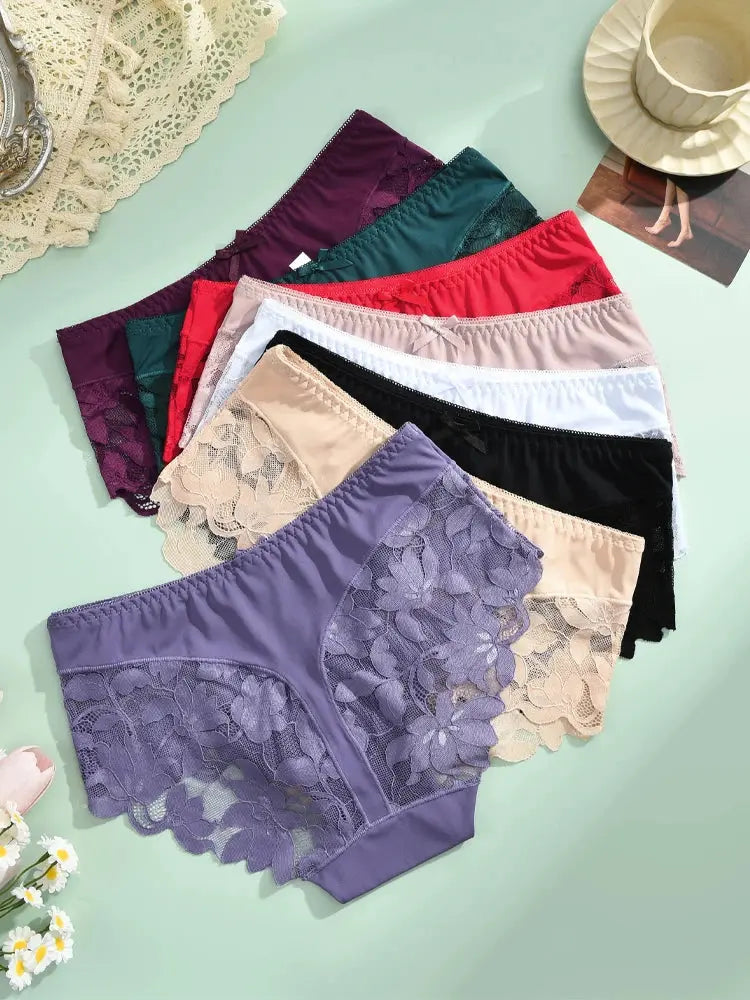 S-XXL Women Lace Panties Patchwork Seamless Underwear Sexy Luxury Hollow Out Solid Briefs Girls' Mid Rise Breathable Lingerie luxecrown.co.uk