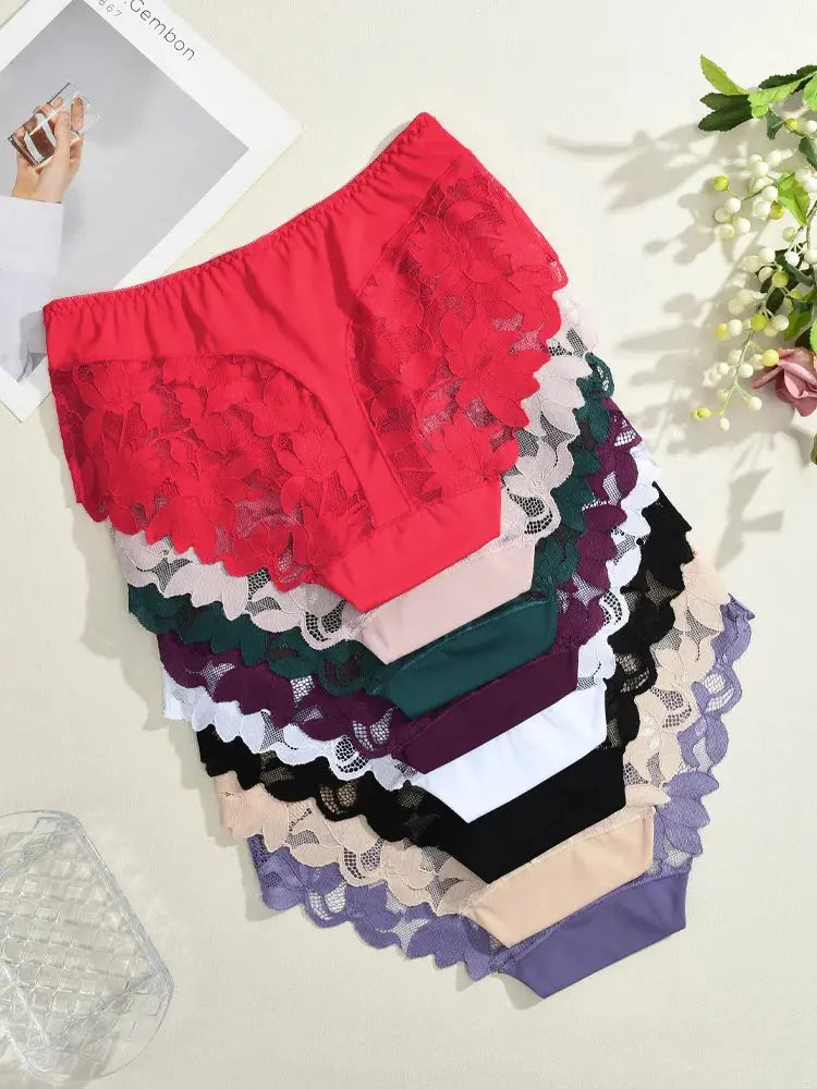 S-XXL Women Lace Panties Patchwork Seamless Underwear Sexy Luxury Hollow Out Solid Briefs Girls' Mid Rise Breathable Lingerie luxecrown.co.uk
