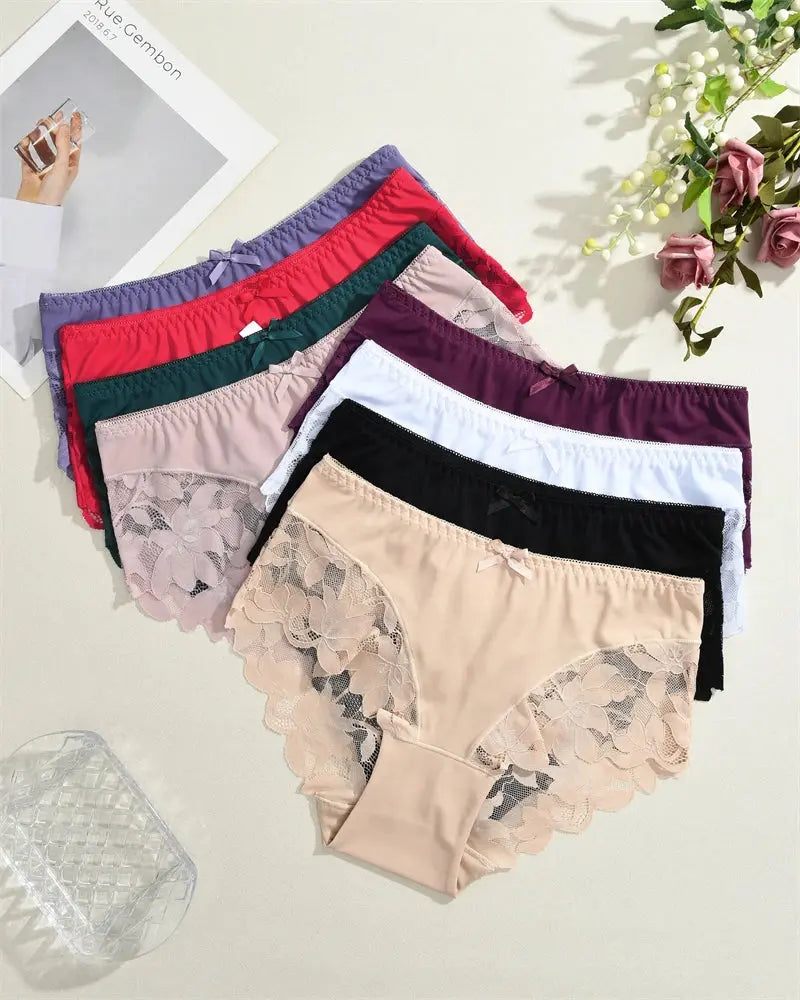 S-XXL Women Lace Panties Patchwork Seamless Underwear Sexy Luxury Hollow Out Solid Briefs Girls' Mid Rise Breathable Lingerie luxecrown.co.uk