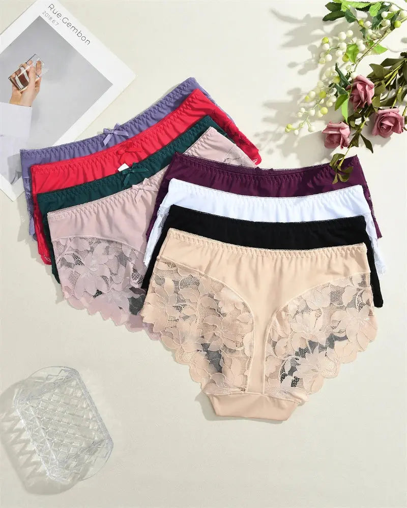 S-XXL Women Lace Panties Patchwork Seamless Underwear Sexy Luxury Hollow Out Solid Briefs Girls' Mid Rise Breathable Lingerie luxecrown.co.uk