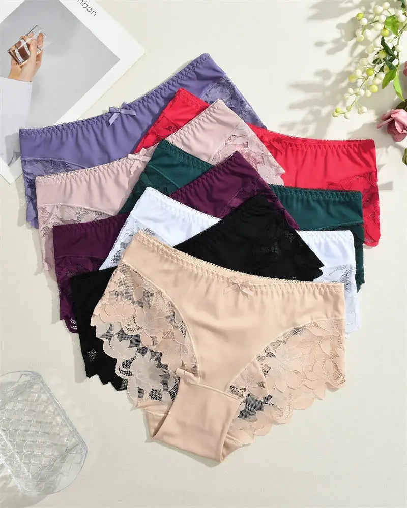 S-XXL Women Lace Panties Patchwork Seamless Underwear Sexy Luxury Hollow Out Solid Briefs Girls' Mid Rise Breathable Lingerie luxecrown.co.uk